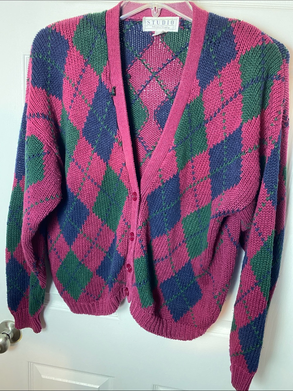 Vintage Studio Michelle Stuart Argyle Knit V-Neck Cardigan Sweater Size Large